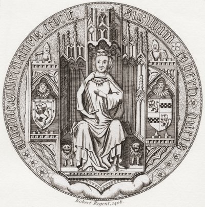 Pečeť Roberta Stewarta, vévody z Albany, c. 1340 1420. Člen skotského královského rodu, regent, guvernér Skotska, vévoda z Albany, hrabě z Fife & Menteith. Z Iconographia Scotica nebo Portréty slavných Skotska, publikoval 1797. od English School
