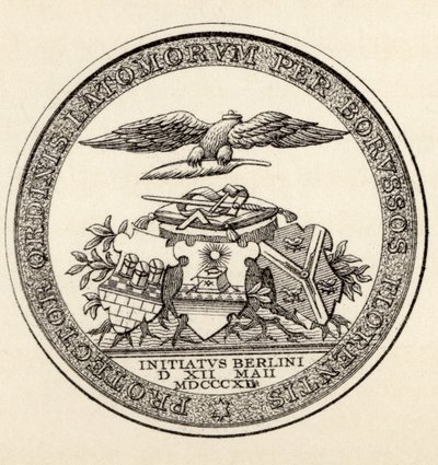 Pečeť zednářů z Berlína, 1812, z „Dějiny svobodného zednářství, svazek III“, vydané Thomasem C. Jackem, Londýn, 1883 od English School