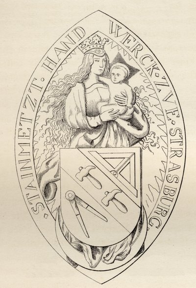 Pečeť zednářů ze Štrasburku, 1524, z knihy "The History of Freemasonry, volume II", kterou vydal Thomas C. Jack, Londýn, 1883. od English School