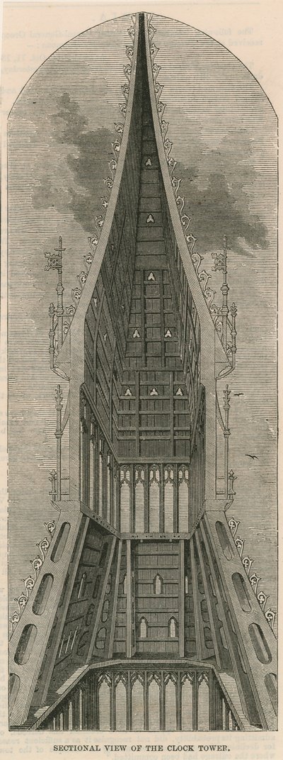 Pohledy v řezu na Clock Tower, Westminster, Londýn od English School