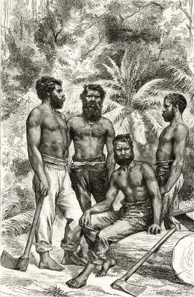 Polocivilizovaní viktoriánští domorodci, z knihy Howarda Willoughbyho "Australian Pictures", vydané Religious Tract Society, Londýn, 1886. od English School