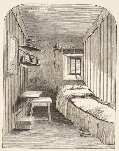 Oddělená spací cela v jednom z nových křídel ženské věznice v Brixtonu, ilustrace z knihy The Criminal Prisons of London and Scenes from Prison Life od Henryho Mayhewa a Johna Binnyho, pub. od English School