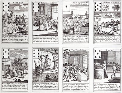 Sada hracích karet zobrazujících satirické scény současných komerčních podniků a investic, kolem roku 1720 od English School