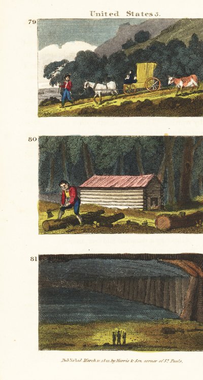 Osadníci ve vagónu cestující do západních států 79, osadníci stavící srub 80 a pohled na Mamutí jeskyni v Kentucky 81 od English School