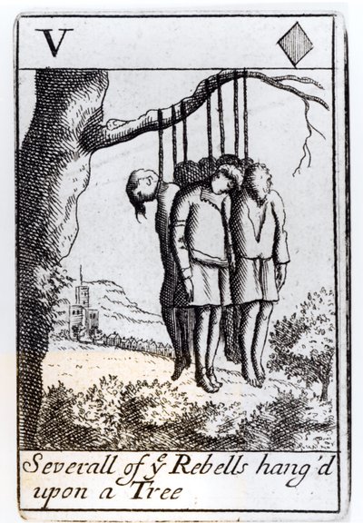 Několik rebelů viselo na stromě, pět srdcí hrající karty ze sady připomínající povstání Monmouthů v roce 1685 od English School