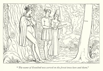 Shakespeare je Jak se vám líbí; Orlando vidí Rosalind převlečenou za Ganymeda (rytina) od English School