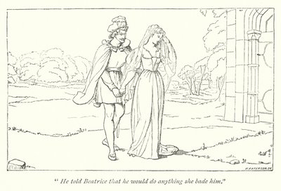 Shakespearův Mnoho povyku pro nic; Beatrice naříká nad Herovou hanbou Benedickovi (rytina) od English School