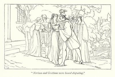 Shakespearův Kupec benátský; Portia se objevuje jako předstíraní doktori práv (rytina) od English School