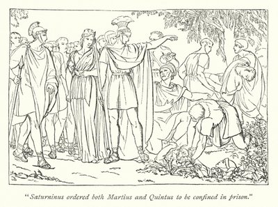 Shakespearův Titus Andronicus; Martius a Quintus zatčeni za vraždu Bassianus (rytina) od English School