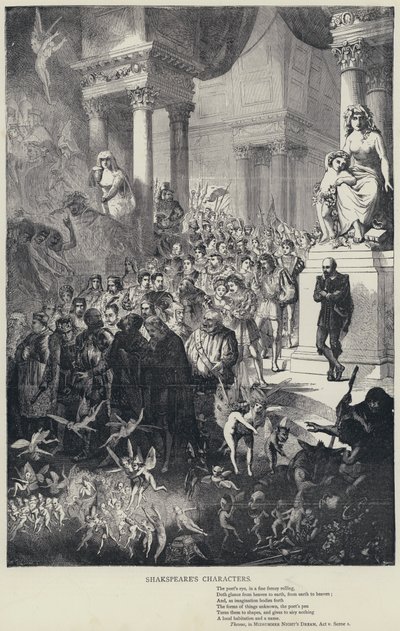 Shakespearovy postavy, Theseus, ve Snu noci svatojánské, dějství v, scéna 1 (rytina) od English School