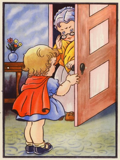 Říká babičce, že je bezpečné vyjít ven (barevná litografie) od English School
