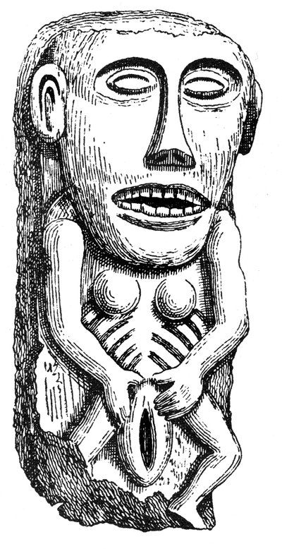 Sheela-na-Gig, z hradu Ballinahend, Tipperary, Irsko od English School