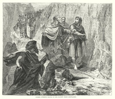 Šimei proklínající Davida při jeho útěku z Jeruzaléma (rytina) od English School