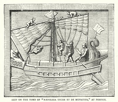 Loď na hrobě "Naevoleia Tyche et de Munatius," v Pompejích (barevná rytina) od English School