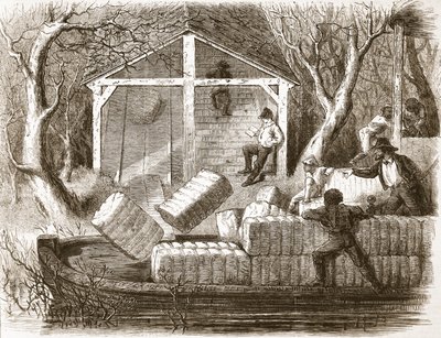 Střílení bavlněných balíků do přední části říčního parníku Magnolia, ilustrace z The Illustrated London News, 1861 od English School