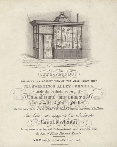 Obchod Samuel Knights, prodejce tiskáren a výrobce rámů, 3 Sweetings Alley, Cornhill, City of London od English School