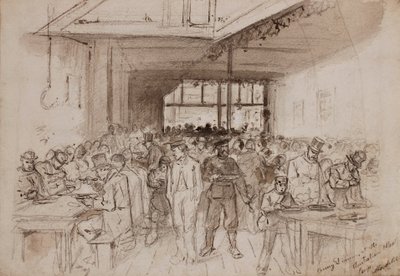 ?Shoreditch, Penny dinner v Australian Meat Company, cca 1860 (tužka, inkoust a mytí na papíře) od English School