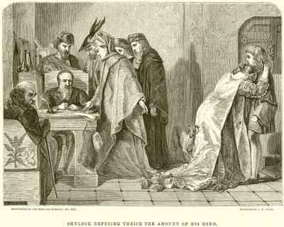 Shylock odmítá třikrát částku svého dluhopisu od English School