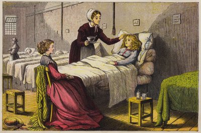 Nemocná holčička v péči v nemocnici (barevná rytina) od English School