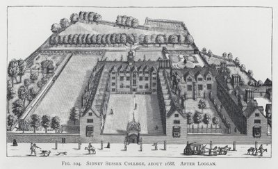 Sidney Sussex College, asi 1688, po Loggan (rytina) od English School