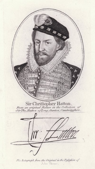 Sir Christopher Hatton, lord kancléř Anglie a oblíbenec královny Alžběty I. (rytina) od English School