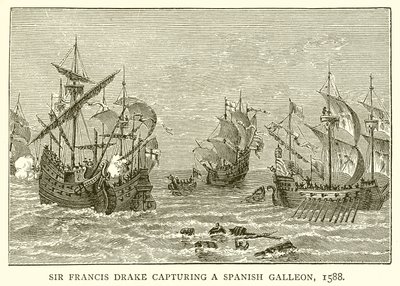 Sir Francis Drake zachycující španělskou galeonu, 1588 od English School