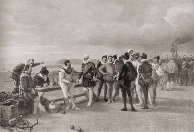 Sir Francis Drake hraje mísy se španělskou armádou na dohled v Plymouth Hoe v Anglii v roce 1588. od English School