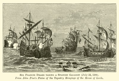 Sir Francis Drake veze španělskou galeonu, 22. července 1588 od English School