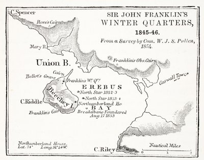 Sir John Franklins Winter Quarters, 1845-1846 z průzkumu Com. W.J.S. Pullen 1854, hospod. 1854 od English School