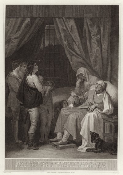 Sir T Windham napomíná své syny, aby zachovali svou věrnost králi od English School