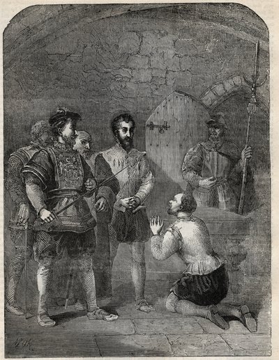 Sir Thomas Wyatt mladší (1521-1554) na cestě k popravě, slavnostně zprošťující princeznu Alžbětu a Courtenay z účasti na svém povstání - 1554 - rytina z „“Historie Anglie”” od Cassella Pettera & Galpina od English School