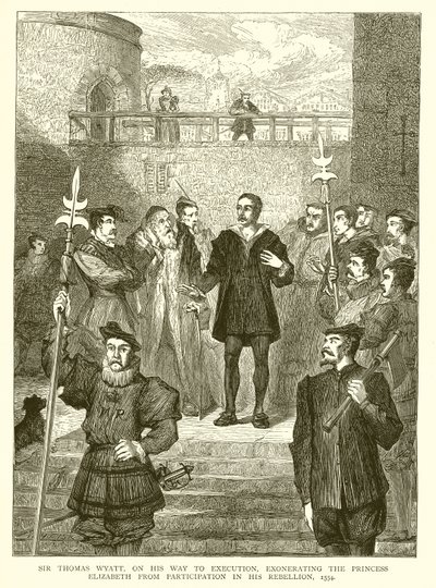 Sir Thomas Wyatt, na cestě k popravě, osvobozuje princeznu Alžbětu z účasti na jeho povstání, 1554 od English School