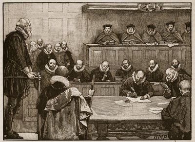 Sir Walter Raleigh před soudci, ilustrace z Cassells Illustrated History of England (sépiová fotografie) od English School