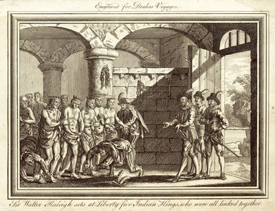 Sir Walter Raleigh propouští na svobodu pět indických králů, kteří byli spojeni dohromady (rytina) od English School