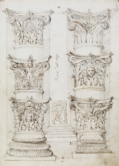 Six Capitals, a Lesene and Two Column Base, Folio 1, The Master of the Oxford Album, c.1512-17 (pero a tmavě hnědý inkoust) od English School