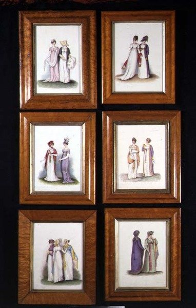 Šest miniatur zobrazujících dámskou módu z konce 18. a počátku 19. století, kolem roku 1825 (akvarel na papíře) od English School