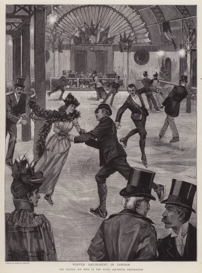 Bruslení na Crystal Ice Rink v Royal Aquarium, Westminster, Londýn (litho) od English School
