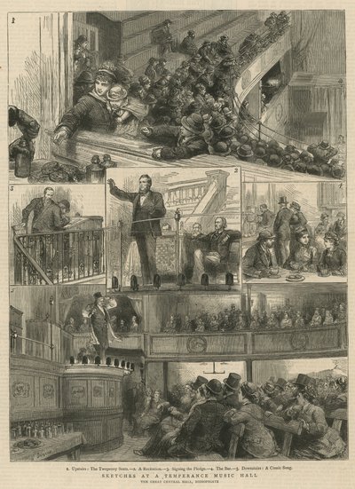 Náčrtky v Temperance Music Hall, The Great Central Hall, Bishopsgate od English School