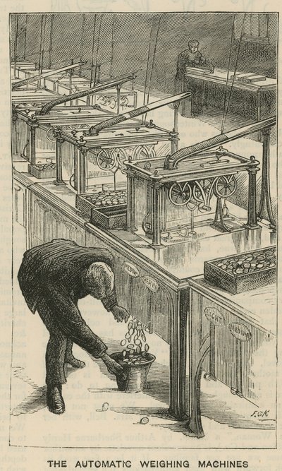 Skici v královské mincovně, Tower Hill; automatické váhy od English School