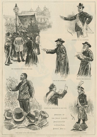 Náčrtky na velké labouristické demonstraci v Hyde Parku, neděle 3. května 1891 od English School