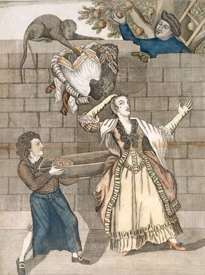 Slight of Hand by a Monkey or the Ladys Head Unloaded, z originální kresby od Grimma, vytištěné pro Carington Bowles, Londýn, pub. 1778 od English School