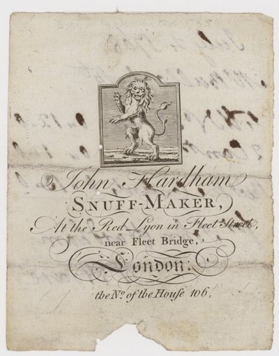 Snuff Maker, John Hardham, obchodní karta od English School