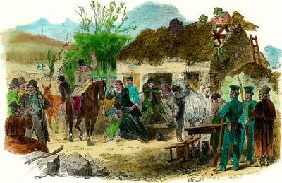 Sociální poměry v Irsku v roce 1848 vyhnání rolníků (ilustrační londýnské zprávy z 16. prosince 1848) od English School