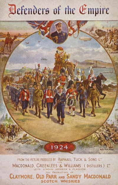 Vojáci britského impéria a král Jiří V. (barevná litografie) od English School