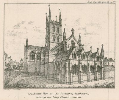 Jihovýchodní pohled na kostel St Saviors Church, Southwark, zobrazující obnovenou kapli Lady od English School