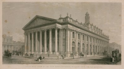 Jihozápadní pohled na novou Royal Exchange v Londýně od English School