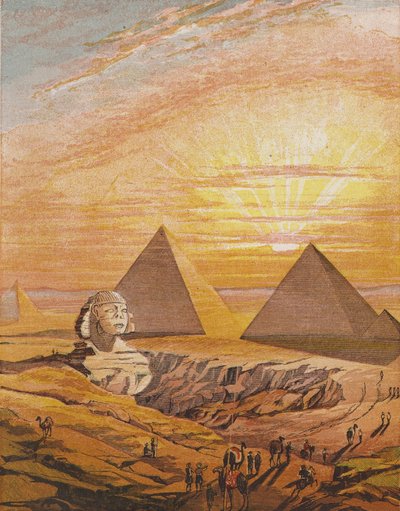 Sfinga a pyramidy v Gíze, Egypt (barevná litografie) od English School
