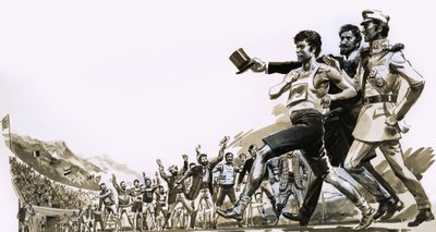 Spiridon Loues vítězí v olympijském maratonu s doprovodem dvou řeckých princů od English School