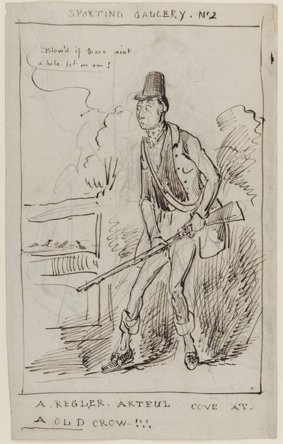 Sportovní galerie č. 2, A Regler, Artful Cove at a Old Crow, c.1825 (pero a inkoust na papíře) od English School