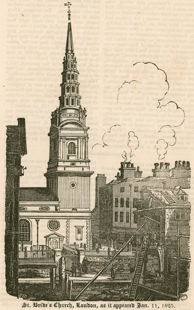 Kostel St Brides, Fleet Street, Londýn, jak to vypadalo 11. ledna 1825 od English School
